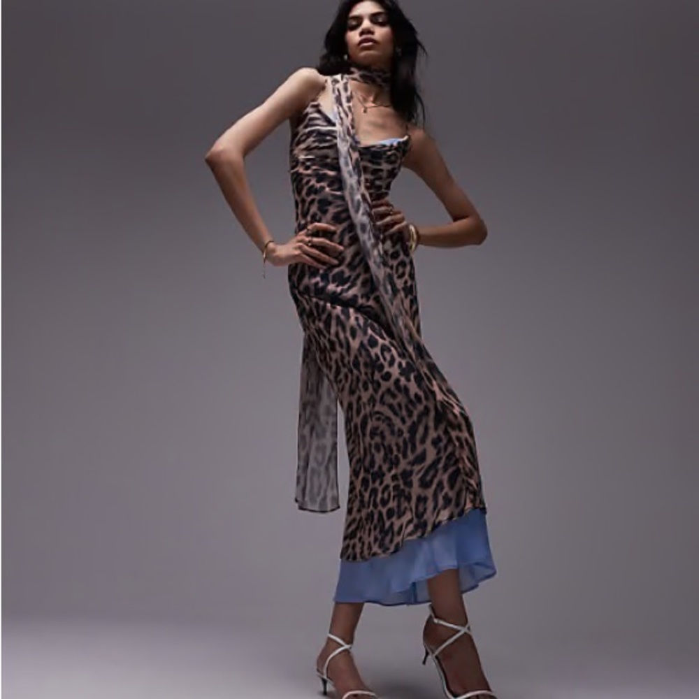 Topshop chiffon cowl slip dress in leopard print with blue chiffon with scarf